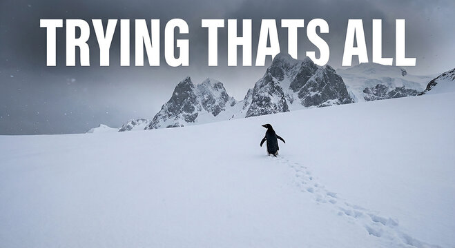 Tiny penguin crossing snowy ground toward distant peaks with minimal text reflecting acceptance effort and quiet determination