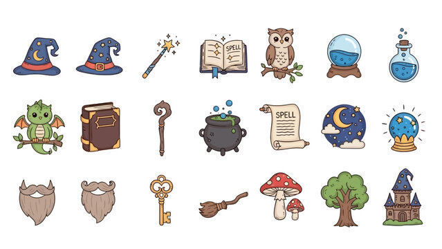 Whimsical cartoon fantasy and magic icons collection for games and mystical designs.