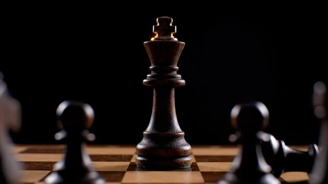 Close-up of a victorious dark wooden king chess piece standing on the board against a black background, concept for strategic planning, leadership development and competitive advantage