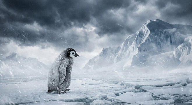 Young penguin standing alone in harsh icy storm conveying vulnerability strength and quiet emotional survival