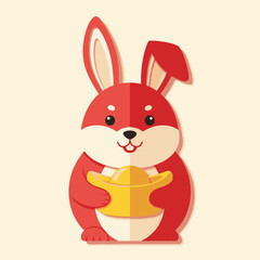 Obraz premium Charming red rabbit cartoon holding a shiny golden yuanbao on a light background, symbolizing good fortune and prosperity.