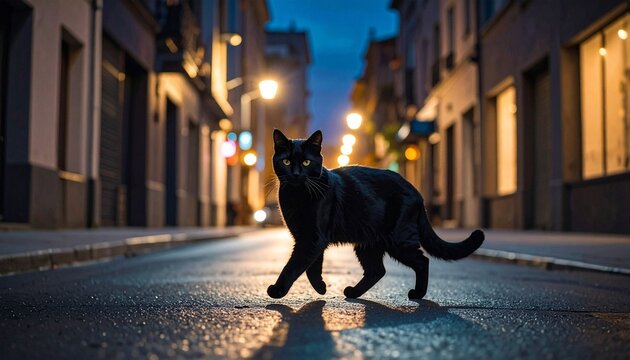 A black cat crosses a wet street at night in an urban environment, illustration
