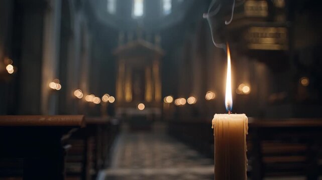 Dark old stone church at night with a single tall Paschal candle in the foreground, sharp flame and warm wax drips visible, while hundreds of distant candle flames form a soft bokeh background.
