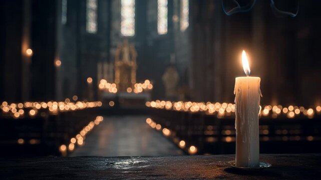 Dark old stone church at night with a single tall Paschal candle in the foreground, sharp flame and warm wax drips visible, while hundreds of distant candle flames form a soft bokeh background.
