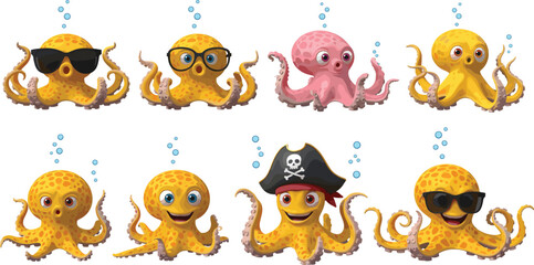 Cute cartoon octopus characters set. Funny sea creatures with different emotions, accessories and poses. Colorful flat vector illustration for kids design, stickers, apps and ocean themes. © ALINA
