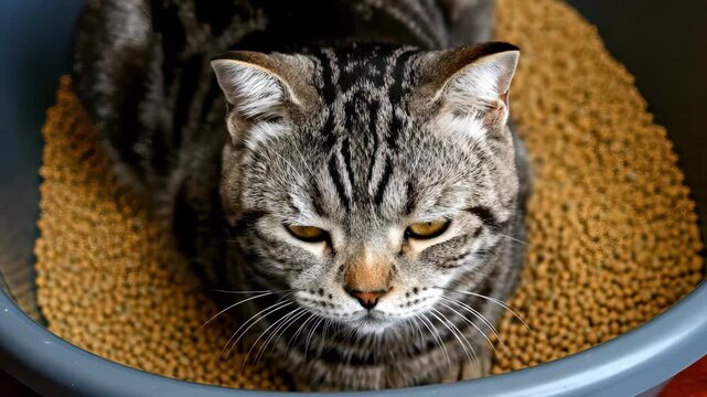 Close-up of a grumpy striped tabby cat sitting in a plastic litter box filled with absorbent pellets, concept for pet supply advertising, veterinary care promotion and animal behavior research