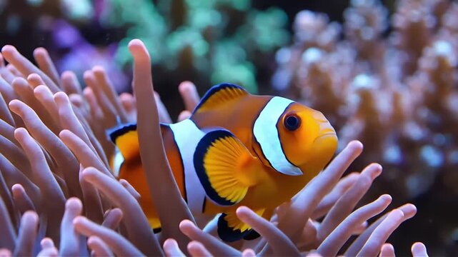 Vibrant clownfish finds shelter within a protective anemone in a colorful coral reef ecosystem showcasing marine biodiversity and underwater beauty