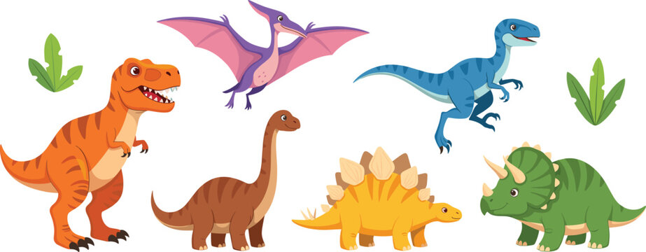 Cute cartoon dinosaur vector set. Colorful prehistoric animals including T rex, triceratops and pterodactyl. Fun kids illustration isolated on white background.