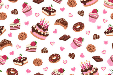 Sweet vector seamless pattern featuring baked goods and desserts. Cakes, donuts, pastries, cookies, and chocolate. Repeatable background for fabric, textiles, wrapping paper.