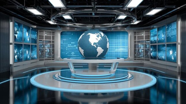 International news studio with background screens displaying a rotating globe animation, modern broadcast set design emphasizing global coverage, live reporting, and worldwide news communication.
