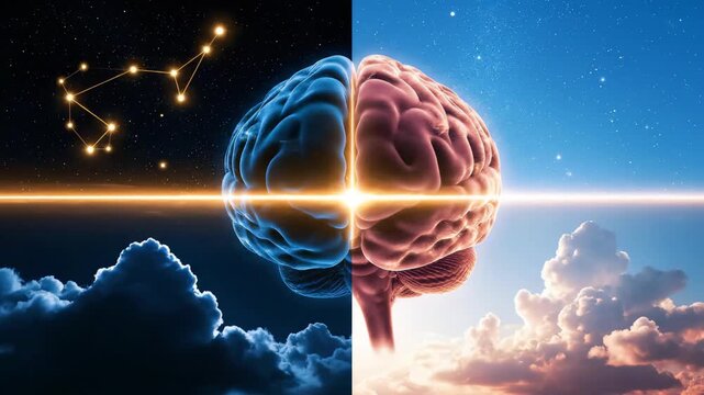 3D rendering of the brain hemispheres divided by light, illustrating logic versus creativity, concept for mental health, academic research and cognitive balance