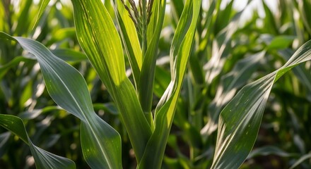 Fototapeta premium Close-up macro shot of vibrant green corn stalks and leaves with sunlight filtering through, highlighting water droplets.