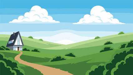 Fototapeta premium Idyllic landscape illustration showing a modern A-frame cabin nestled in green rolling hills under a bright blue sky.