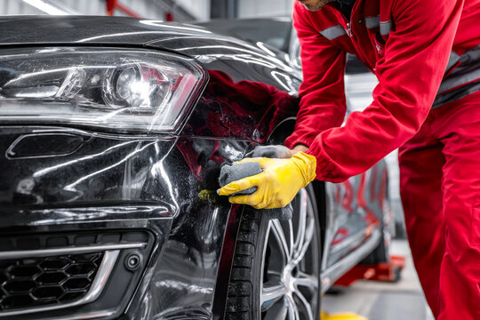 Auto body repair technician polishing a damaged area on a black car in a modern workshop