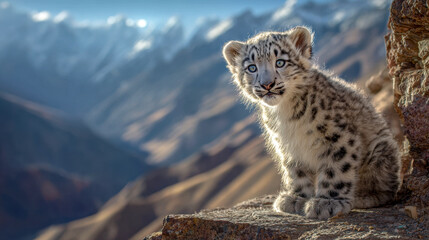 Fototapeta premium Young snow leopard cub sitting on rocky ledge in mountainous terrain with majestic peaks blurred in the background under natural daylight conditions