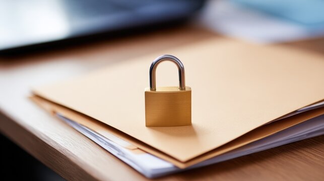 A small brass padlock sits atop a stack of light envelopes on a wooden desk, signaling secured documents. Now