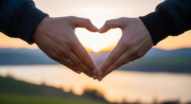 Two hands forming a heart shape against a lake sunset. Close-up of two people making a heart with their hands, framing the setting sun over a calm body of water