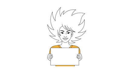Expressive line art drawing of a woman with wild spiky hair holding a blank horizontal sign for personalized messages.