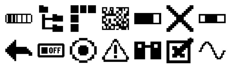 Obraz premium Pixelated Monochromatic 8-Bit Interface Element Kit for Retro Digital System Design and Nostalgic Gaming UX