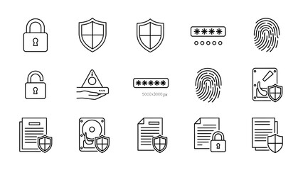 Data protection and network security thin line icons set containing lock shield password fingerprint hard drive and document encryption symbols pack