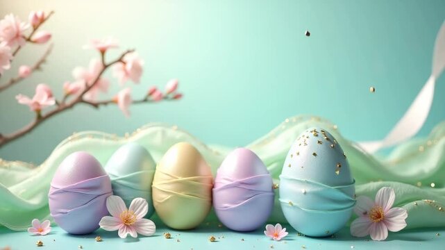 Easter eggs wrapped in flowing silk fabric, pastel ribbons swirling upward, golden glitter particles floating, soft spring flowers blooming, tactile textures, dreamy atmosphere