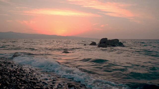 Panoramic sunset over Morphou Bay with mountain backdrop, Cyprus