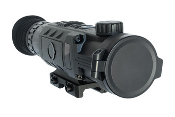 Close up from the front of a thermal night vision rifle scope