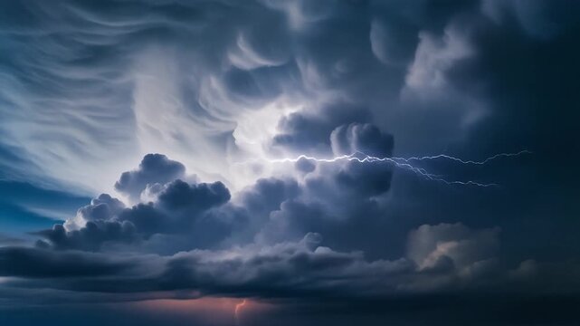 Super slow motion lightning storm in a cloudy sky, hyper-realistic thundercloud textures, 