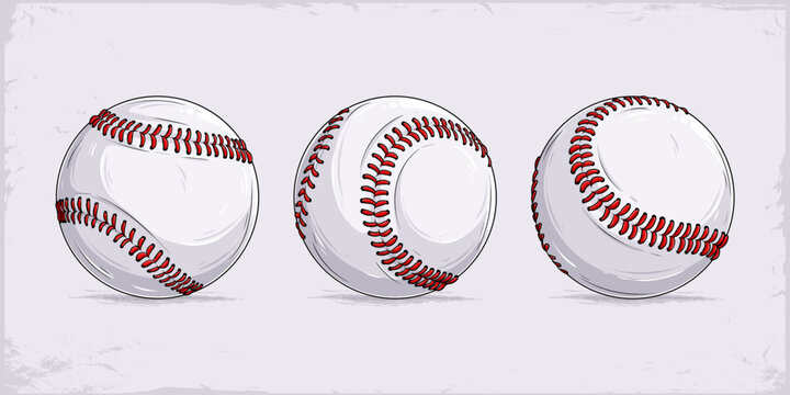 Three realistic baseballs shown from different angles with red stitched seams, classic leather sports ball for baseball game or league design