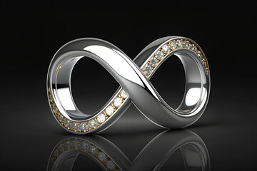 Ultra realistic 3D chrome M&ouml;bius loop sculpture with seamless continuous surface, mirror reflections, minimal studio lighting, modern luxury design.