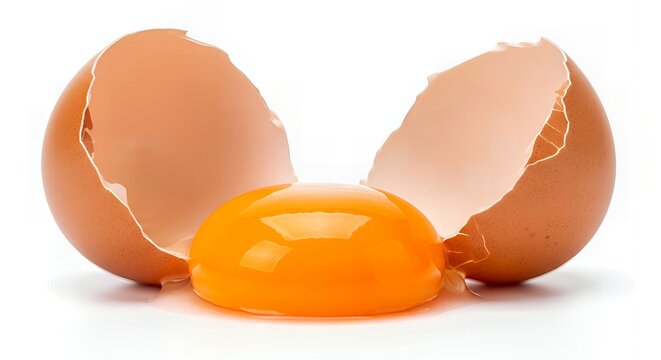 A fresh brown egg cracked open to reveal a vibrant orange yolk isolated on a white background