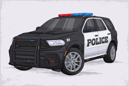 Black and white police SUV with red blue siren lights on roof, front grille guard, tactical patrol interceptor vehicle.