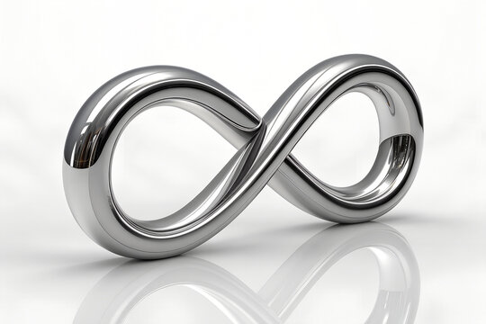 Ultra realistic 3D chrome infinity loop with reflective liquid metal surface, minimal studio lighting, futuristic abstract luxury design render.