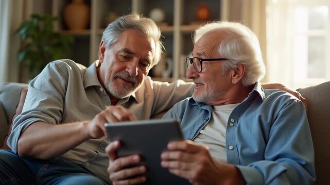 Senior men using a digital tablet together at home, modern technology and active aging concept