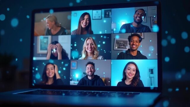 Laptop screen displaying video conference call with nine diverse smiling participants in grid layout, happy engaged faces, blue digital network connections