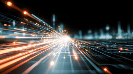 Fototapeta premium Futuristic digital data streams with glowing particles rushing through a high-tech grid landscape on a dark background in a dynamic perspective view