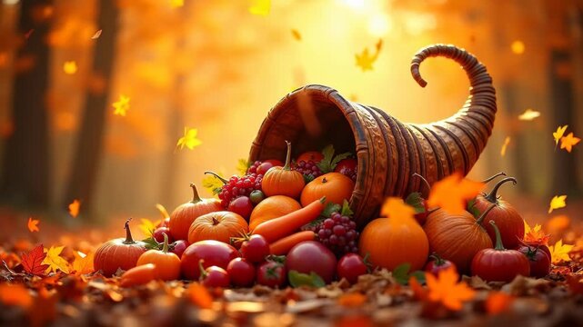 Thanksgiving cornucopia bursting with fruits and vegetables flying outward, golden autumn light rays, harvest abundance exploding, warm orange and burgundy tones
