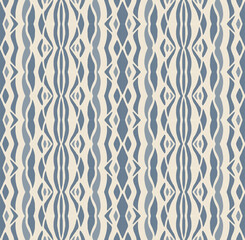 Blue and Off-White Ikat Damask Seamless Pattern Illustration with Abstract Leaf Motifs