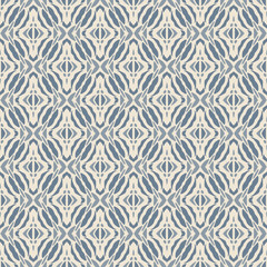 Blue and Off-White Ikat Damask Seamless Pattern Illustration with Abstract Leaf Motifs