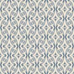 Blue and Off-White Ikat Damask Seamless Pattern Illustration with Abstract Leaf Motifs