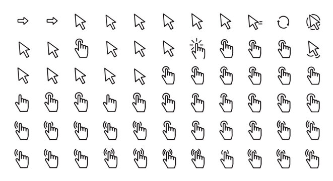 Collection of diverse cursor icons representing various pointer types and click actions for web and app interfaces isolated on white background