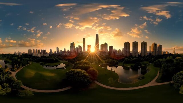 Majestic 360 panorama showing a modern cityscape rising above a lush park and ponds at dramatic sunset, concept for VR backgrounds, environmental campaigns and luxury real estate branding