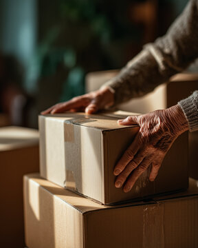 senior hands resting on stacked cardboard moving boxes in warm sunlight symbolizing relocation retirement downsizing and life change