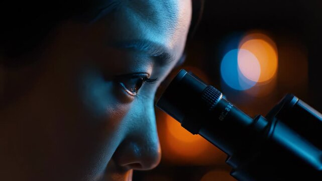 Focused medical researcher uses a lab microscope under dramatic blue/orange lighting, concept for biotech advertising, scientific journalism and pharmaceutical industry promotion