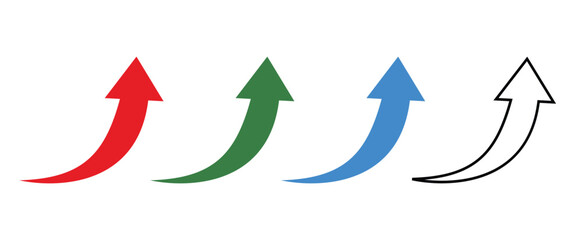 Upward curved arrow icons set. Growth direction symbols. Rising progress arrows illustration. Business success trend indicators. Vector illustration.