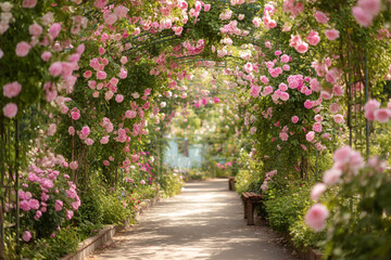 Beautiful Rose Archway Path in a Lush Romantic Summer Garden
