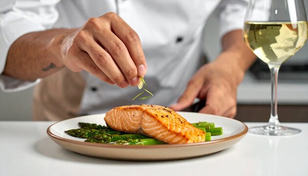 Chef garnishing a delicious salmon fillet with herbs, served with asparagus