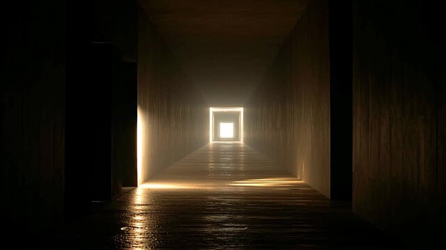 Long dark corridor with undefined walls and strong depth, floor and ceiling fading into shadow. A distant soft white-golden glow at the far end suggests movement forward and sacred emptiness.