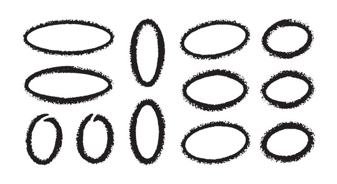 Set of hand-drawn oval and circle frames rough textured brush strokes for highlighting or design elements isolated on white background