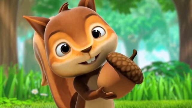 Cute Cartoon Squirrel Holding an Acorn.